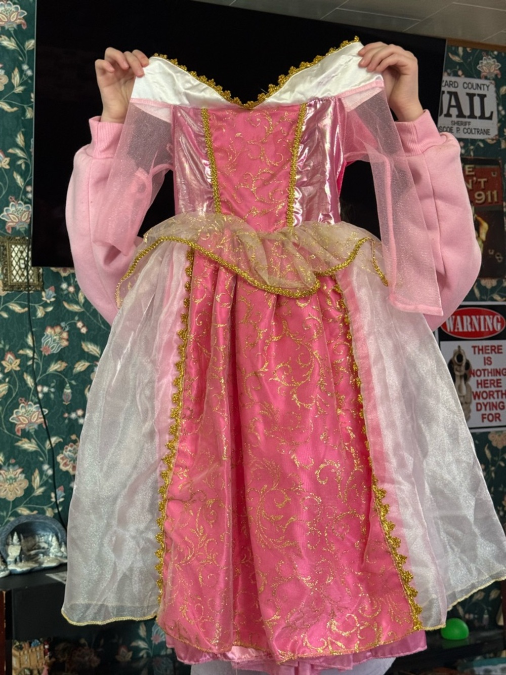 Girls Pink Glitter Princess Halloween Costume Dress with Gold Trim